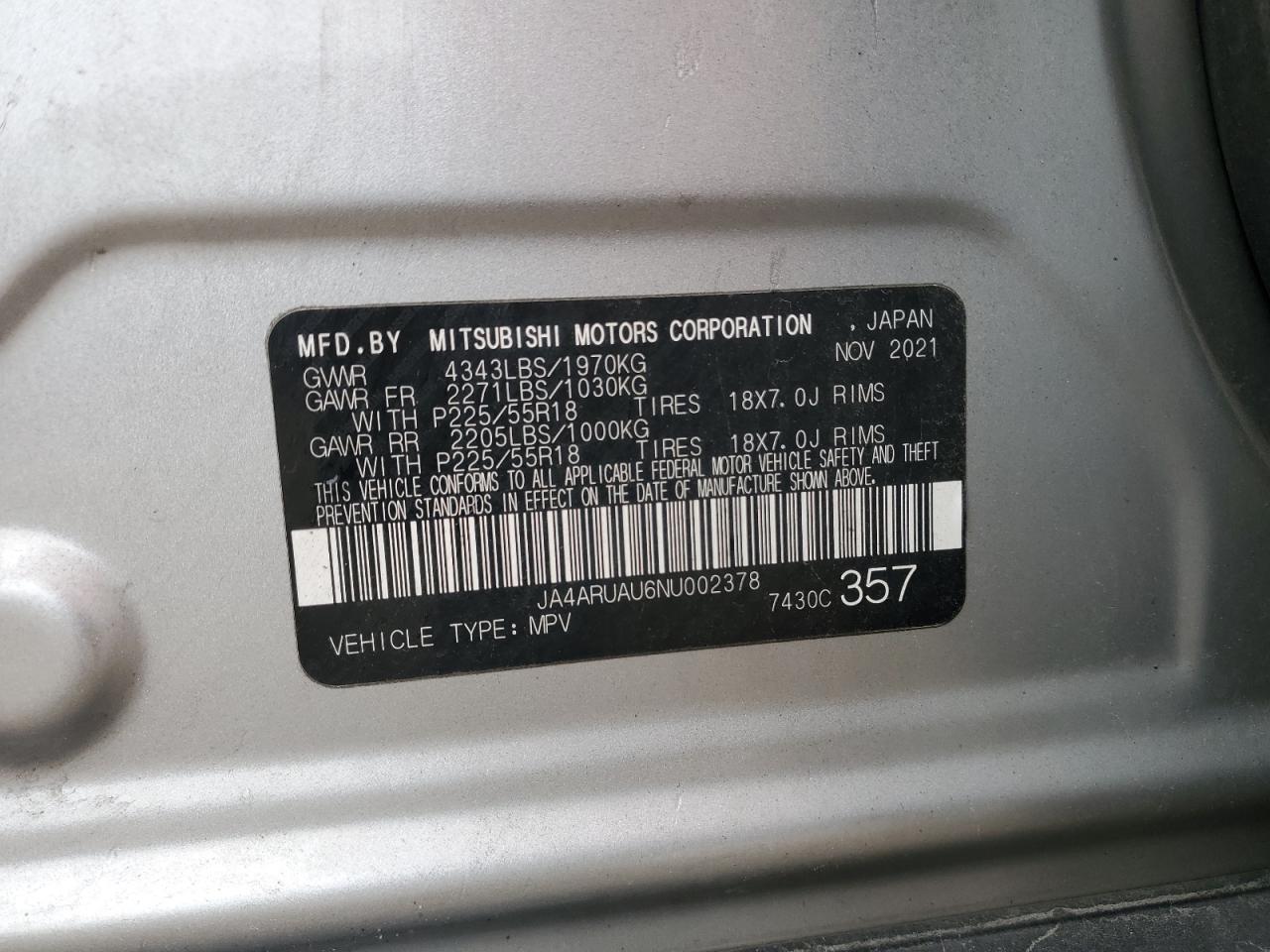 2022 Mitsubishi Outlander Sport Es VIN: JA4ARUAU6NU002378 Lot: 71020535