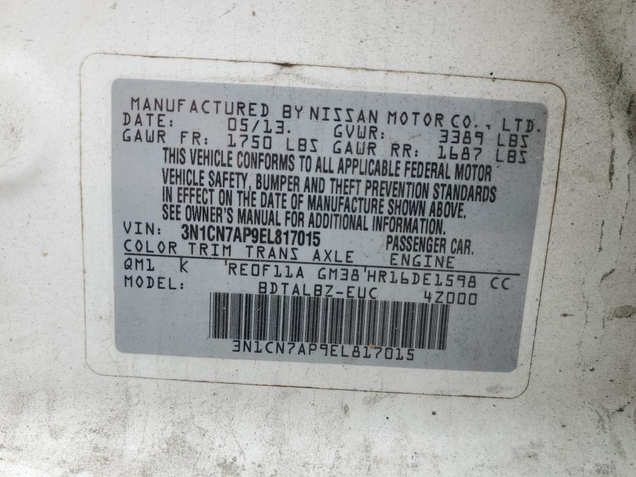 2014 Nissan Versa S VIN: 3N1CN7AP9EL817015 Lot: 80356735