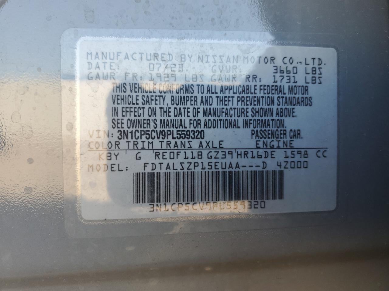 2023 Nissan Kicks Sv VIN: 3N1CP5CV9PL559320 Lot: 84046825