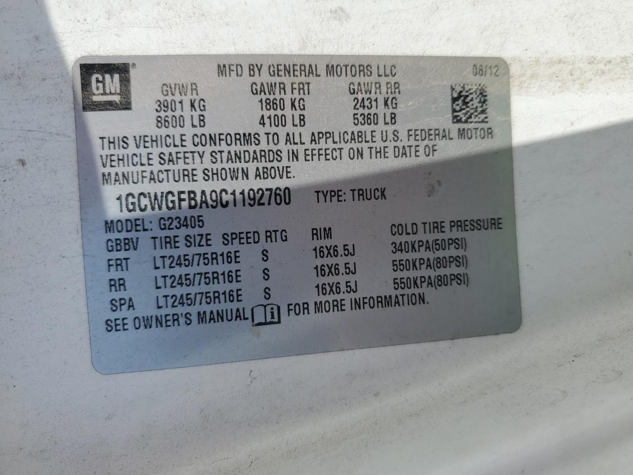 2012 Chevrolet Express G2500 VIN: 1GCWGFBA9C1192760 Lot: 83773525