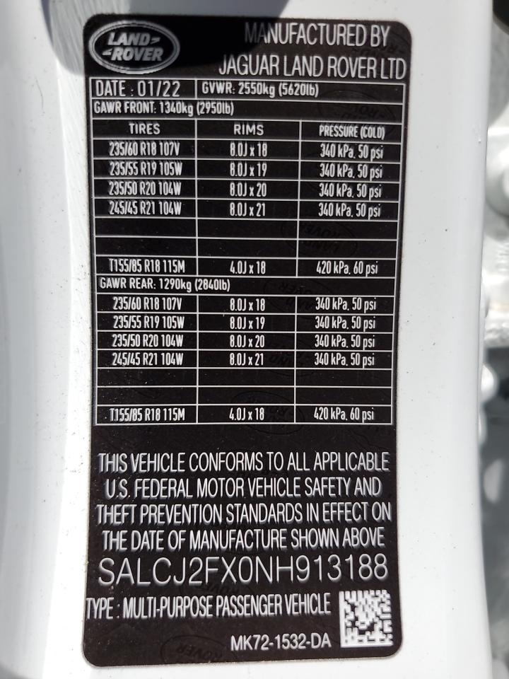 2022 Land Rover Discovery Sport S VIN: SALCJ2FX0NH913188 Lot: 71697865