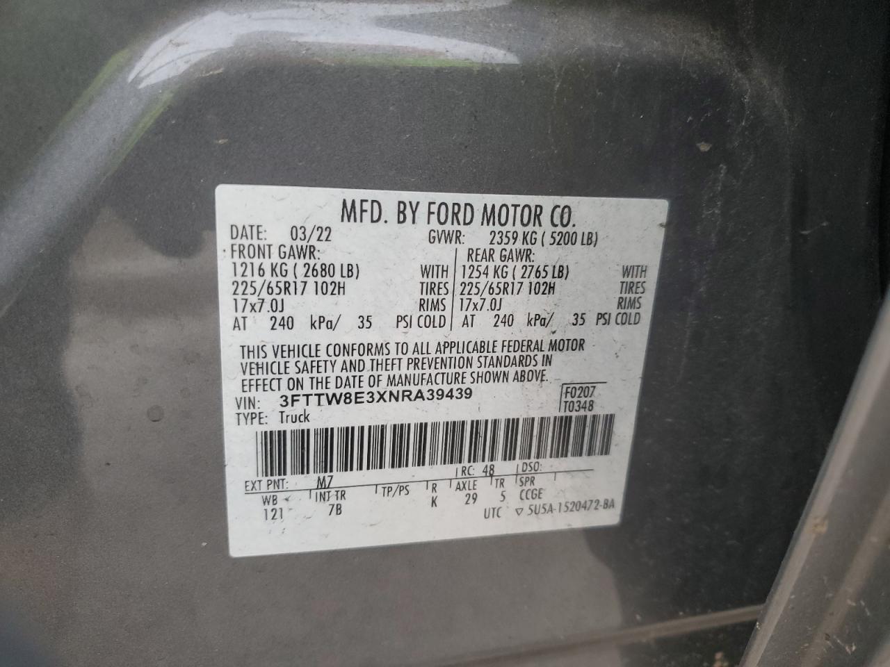 2022 Ford Maverick Xl VIN: 3FTTW8E3XNRA39439 Lot: 72058565