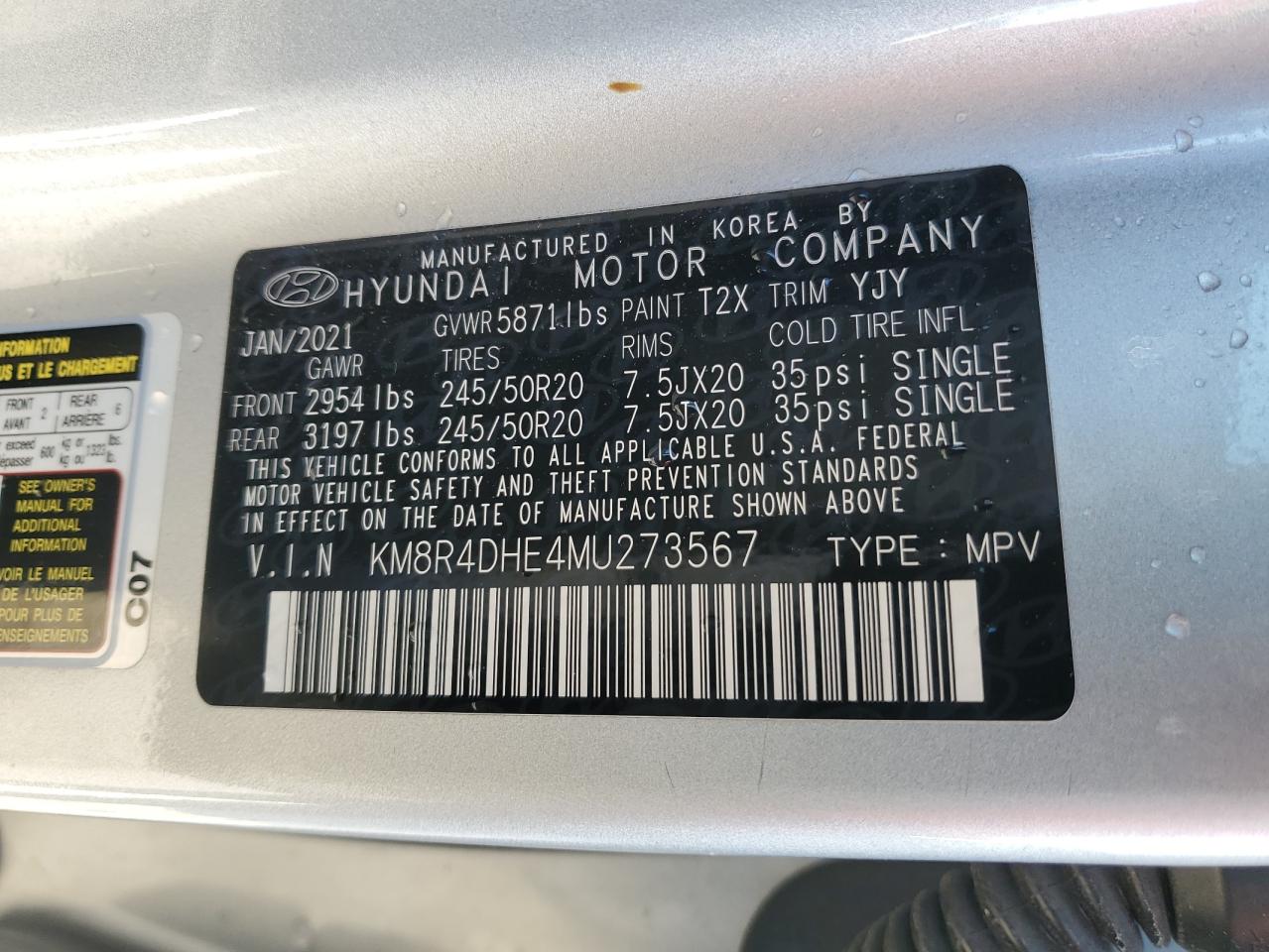 2021 Hyundai Palisade Sel VIN: KM8R4DHE4MU273567 Lot: 80314575