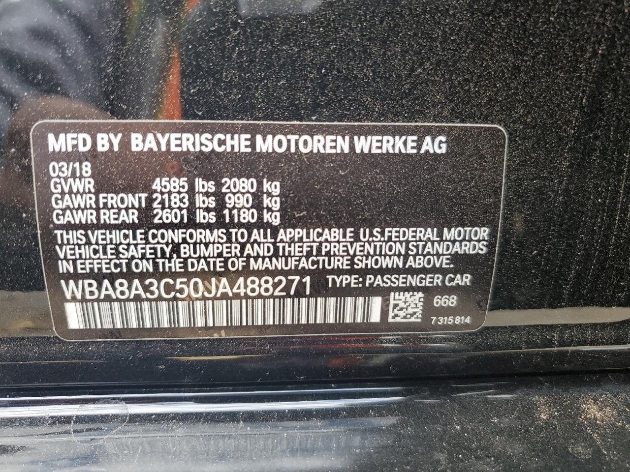 2018 BMW 320 Xi VIN: WBA8A3C50JA488271 Lot: 80167055