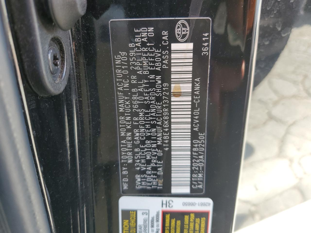 2009 Toyota Camry Base VIN: 4T4BE46K89R137219 Lot: 84282065