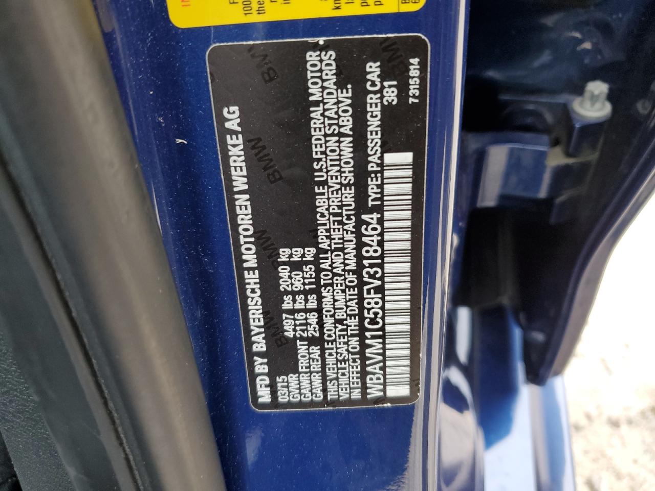 2015 BMW X1 Sdrive28I VIN: WBAVM1C58FV318464 Lot: 84016235