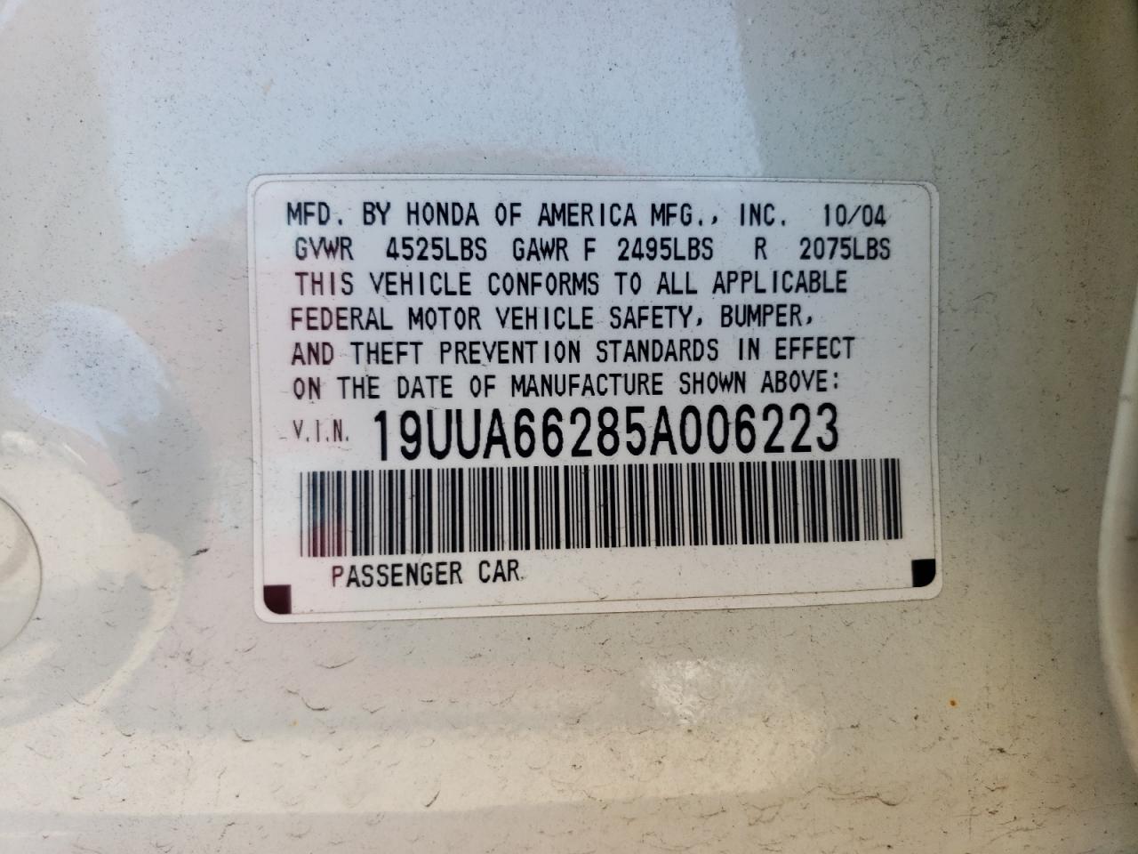 2005 Acura Tl VIN: 19UUA66285A006223 Lot: 80743485