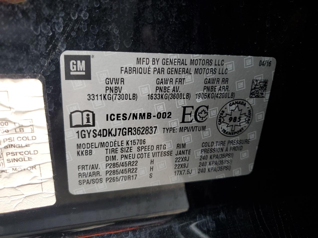 2016 Cadillac Escalade Platinum VIN: 1GYS4DKJ7GR362837 Lot: 70823075