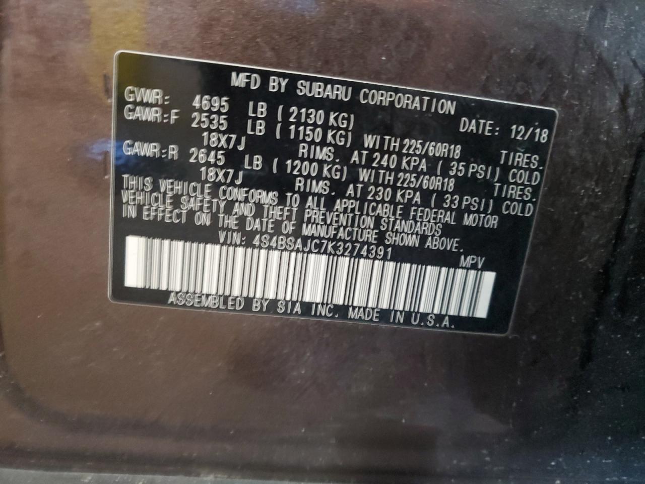 2019 Subaru Outback 2.5I Limited VIN: 4S4BSAJC7K3274391 Lot: 80674845