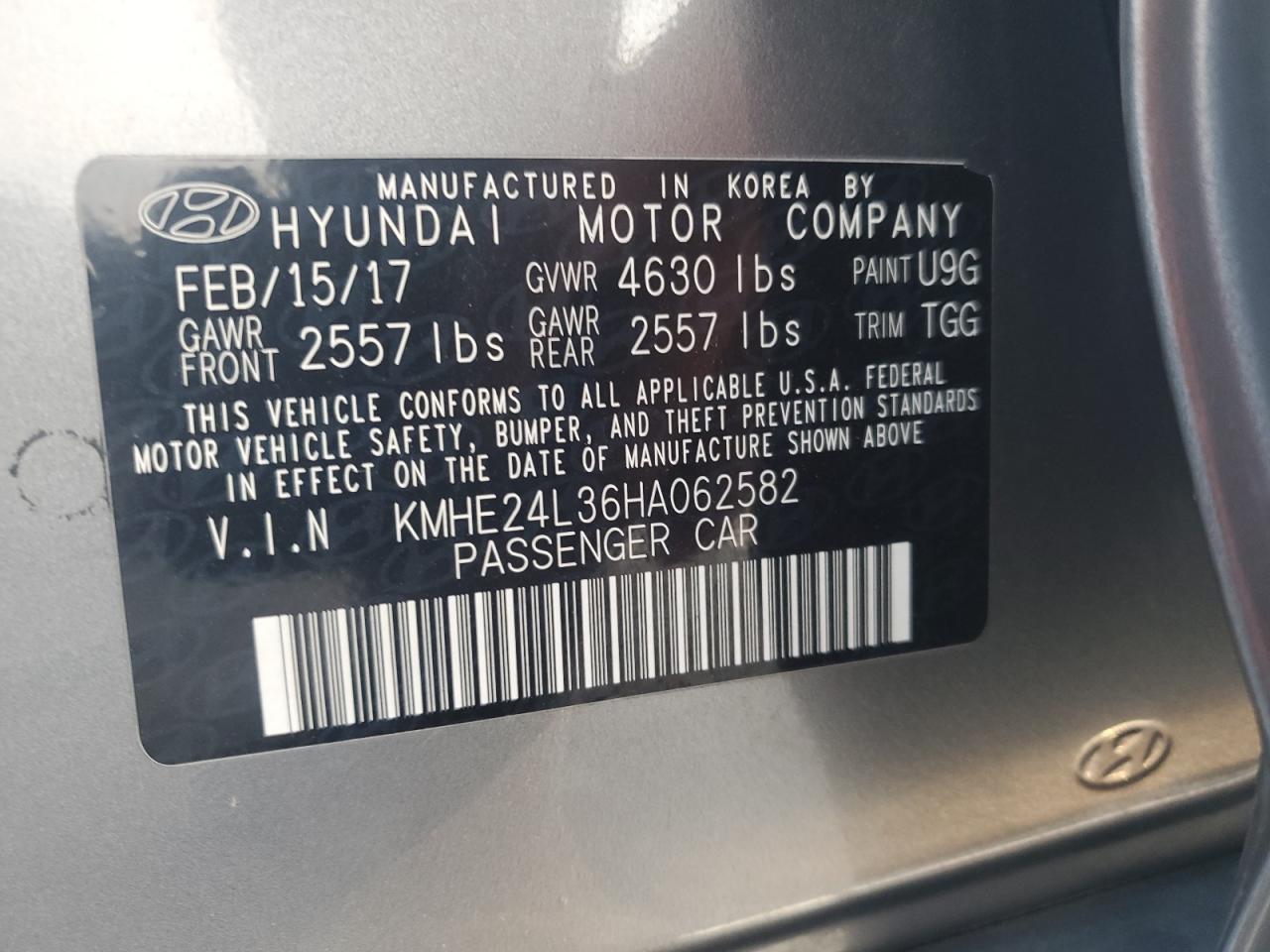 2017 Hyundai Sonata Hybrid VIN: KMHE24L36HA062582 Lot: 81249235
