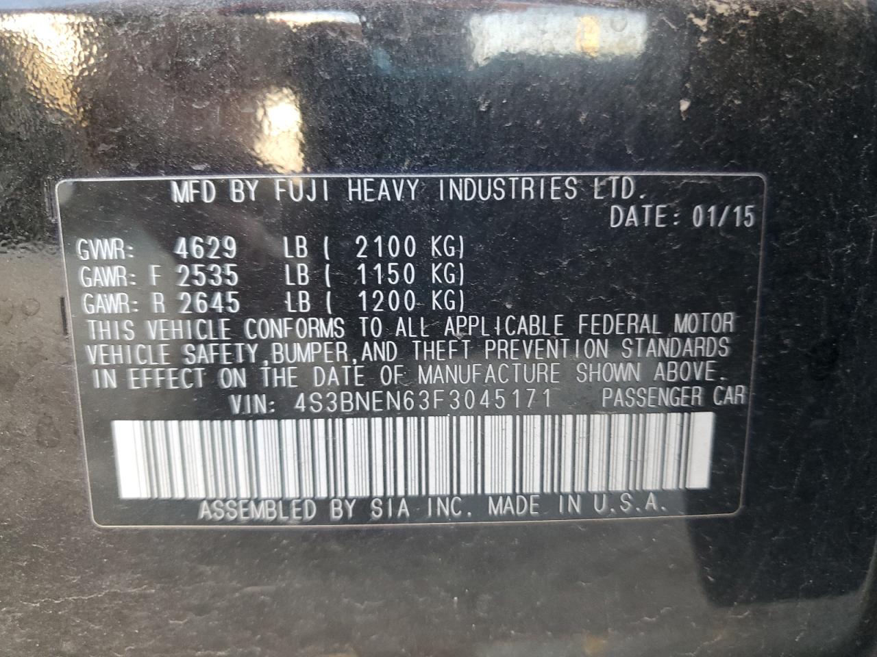 2015 Subaru Legacy 3.6R Limited VIN: 4S3BNEN63F3045171 Lot: 80735475