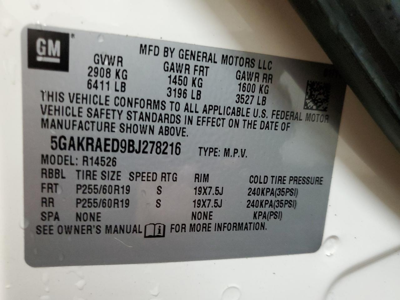 2011 Buick Enclave Cx VIN: 5GAKRAED9BJ278216 Lot: 71874385