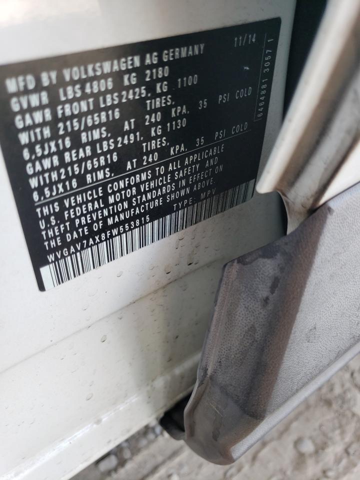 2015 Volkswagen Tiguan S VIN: WVGAV7AX8FW553815 Lot: 71750715