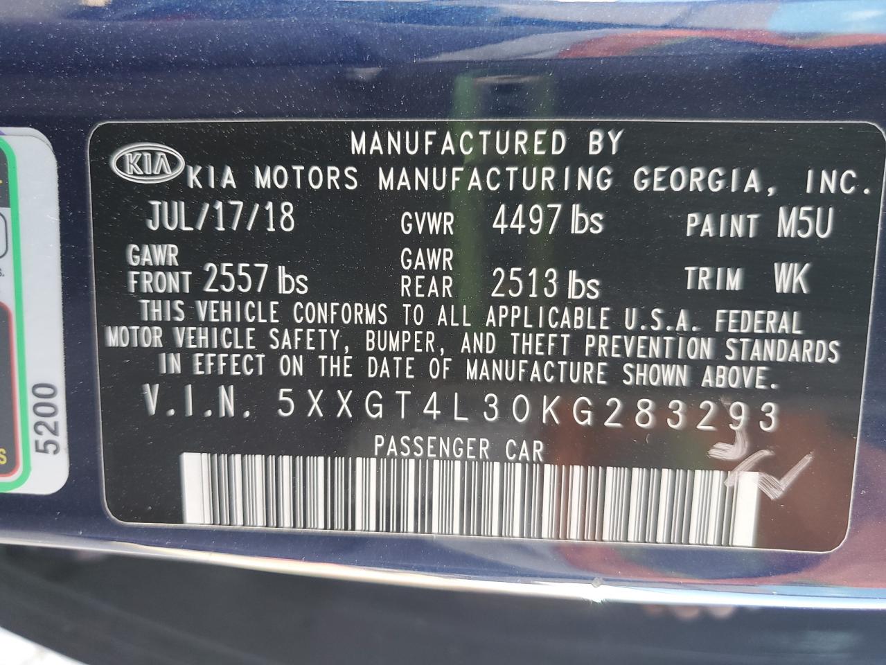 2019 Kia Optima Lx VIN: 5XXGT4L30KG283293 Lot: 84444295