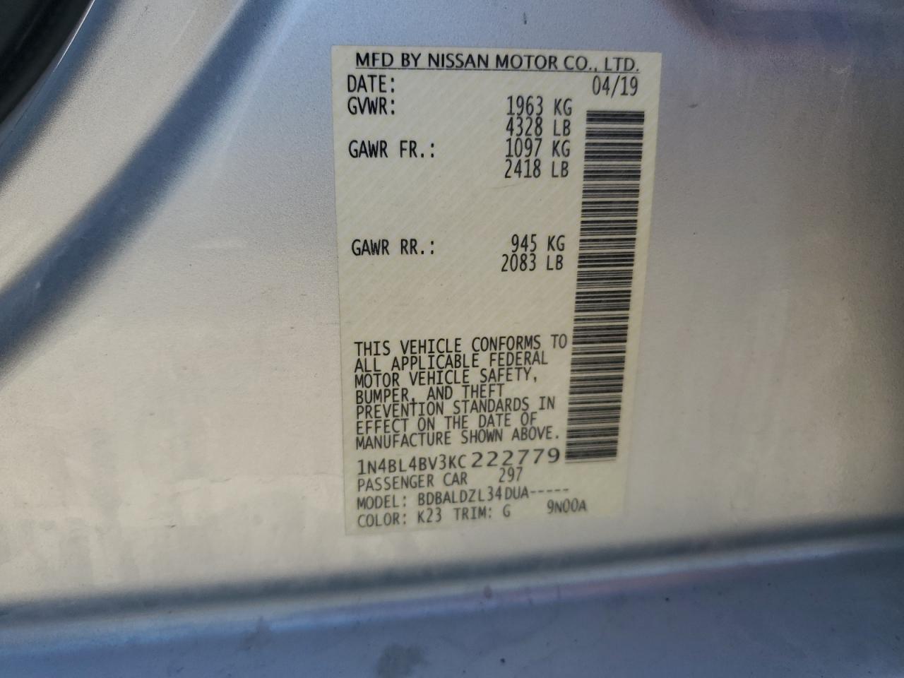 2019 Nissan Altima S VIN: 1N4BL4BV3KC222779 Lot: 84236095