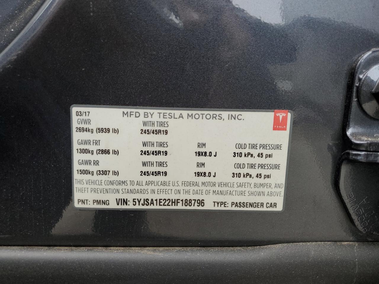 2017 Tesla Model S VIN: 5YJSA1E22HF188796 Lot: 84225665