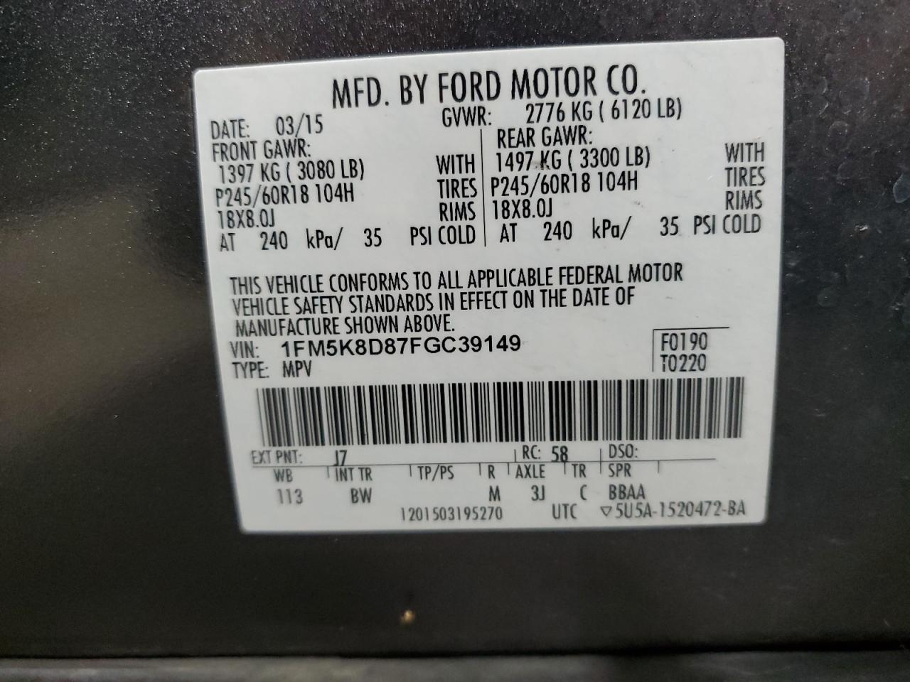 2015 Ford Explorer Xlt VIN: 1FM5K8D87FGC39149 Lot: 70879115