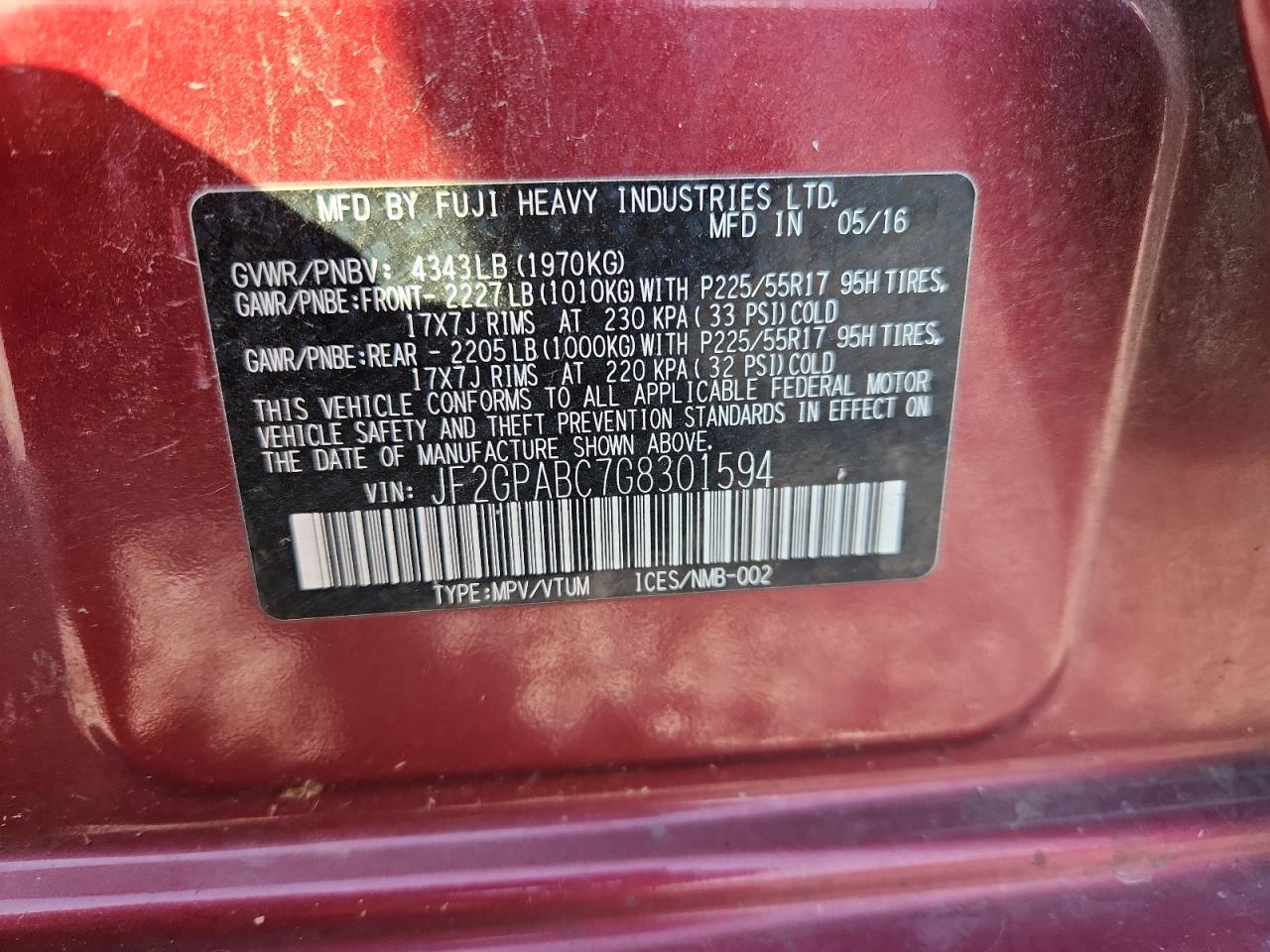 2016 Subaru Crosstrek Premium VIN: JF2GPABC7G8301594 Lot: 80911235