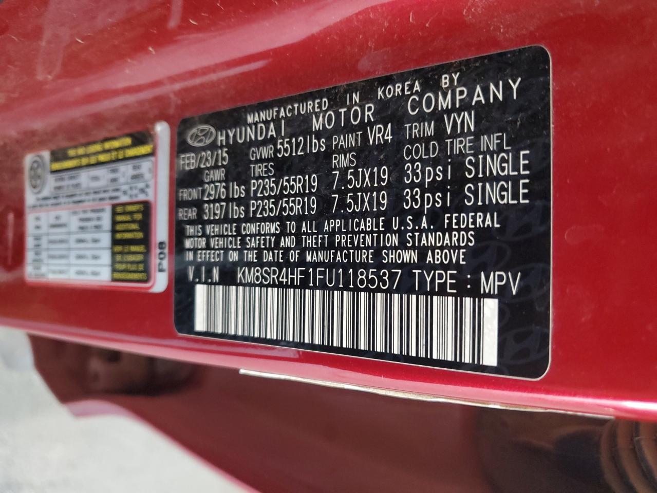 2015 Hyundai Santa Fe Gls VIN: KM8SR4HF1FU118537 Lot: 82017545