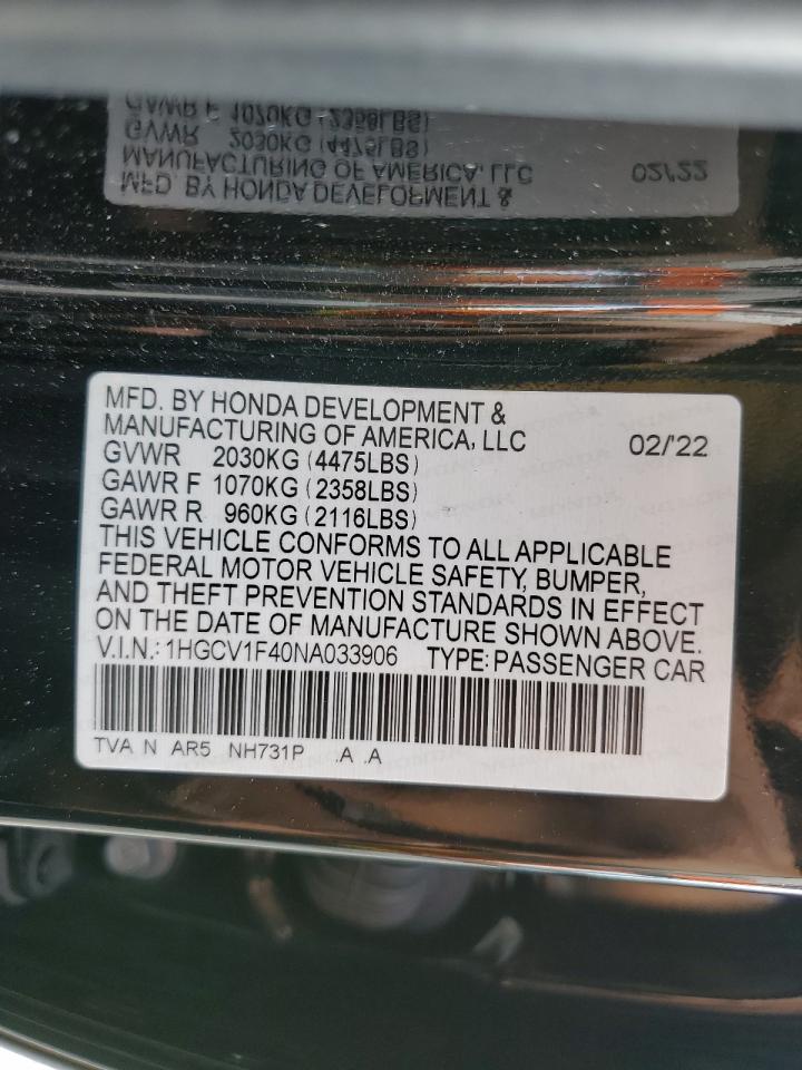 2022 Honda Accord Sport Se VIN: 1HGCV1F40NA033906 Lot: 70721605