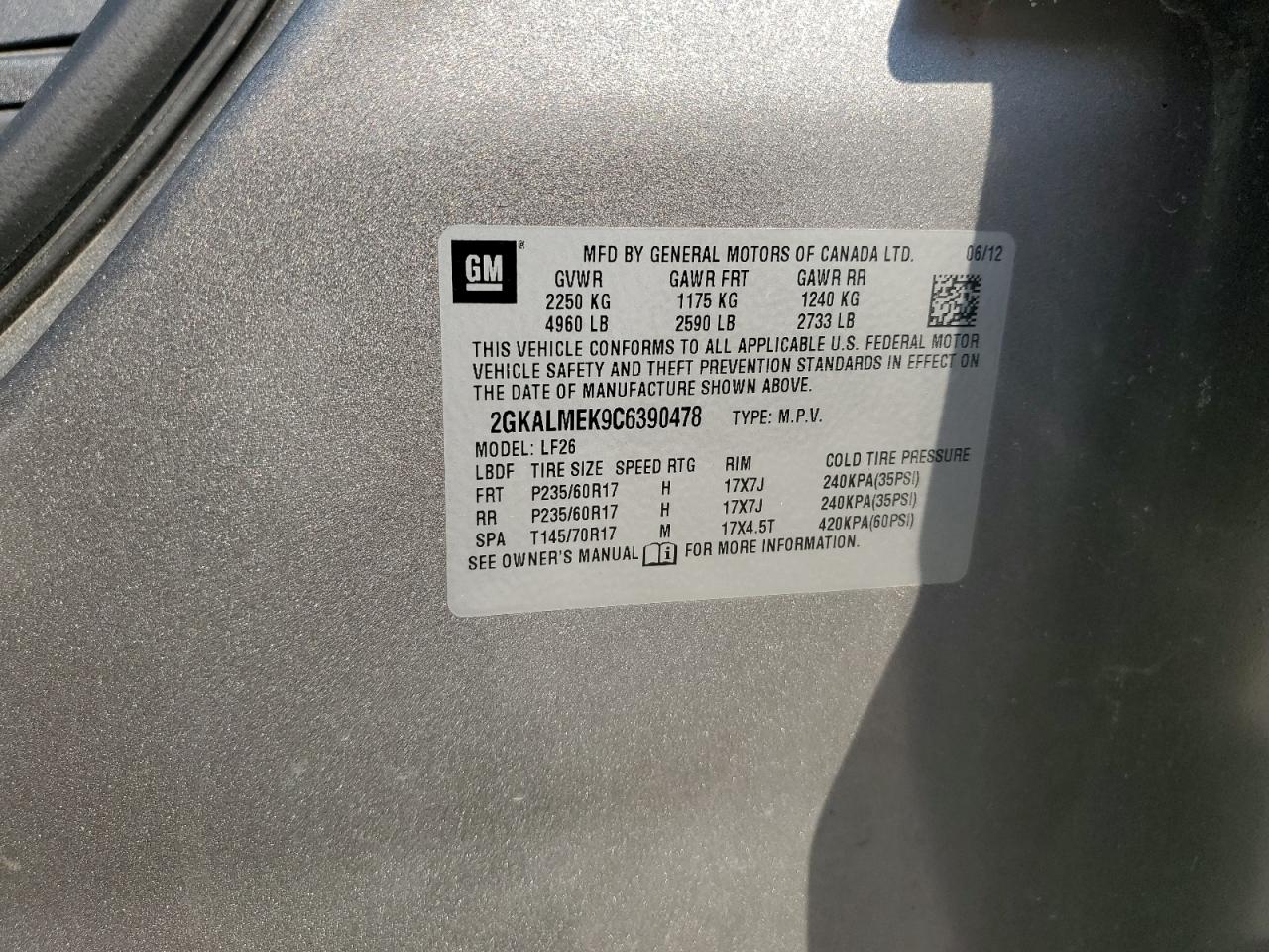 2012 GMC Terrain Sle VIN: 2GKALMEK9C6390478 Lot: 80563205