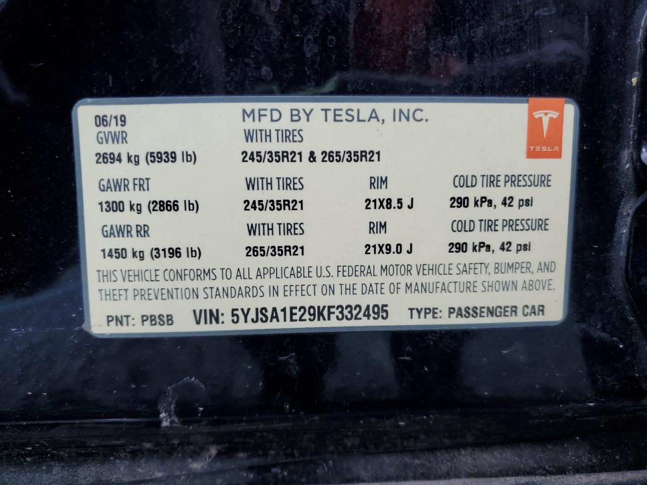 2019 Tesla Model S VIN: 5YJSA1E29KF332495 Lot: 71416525