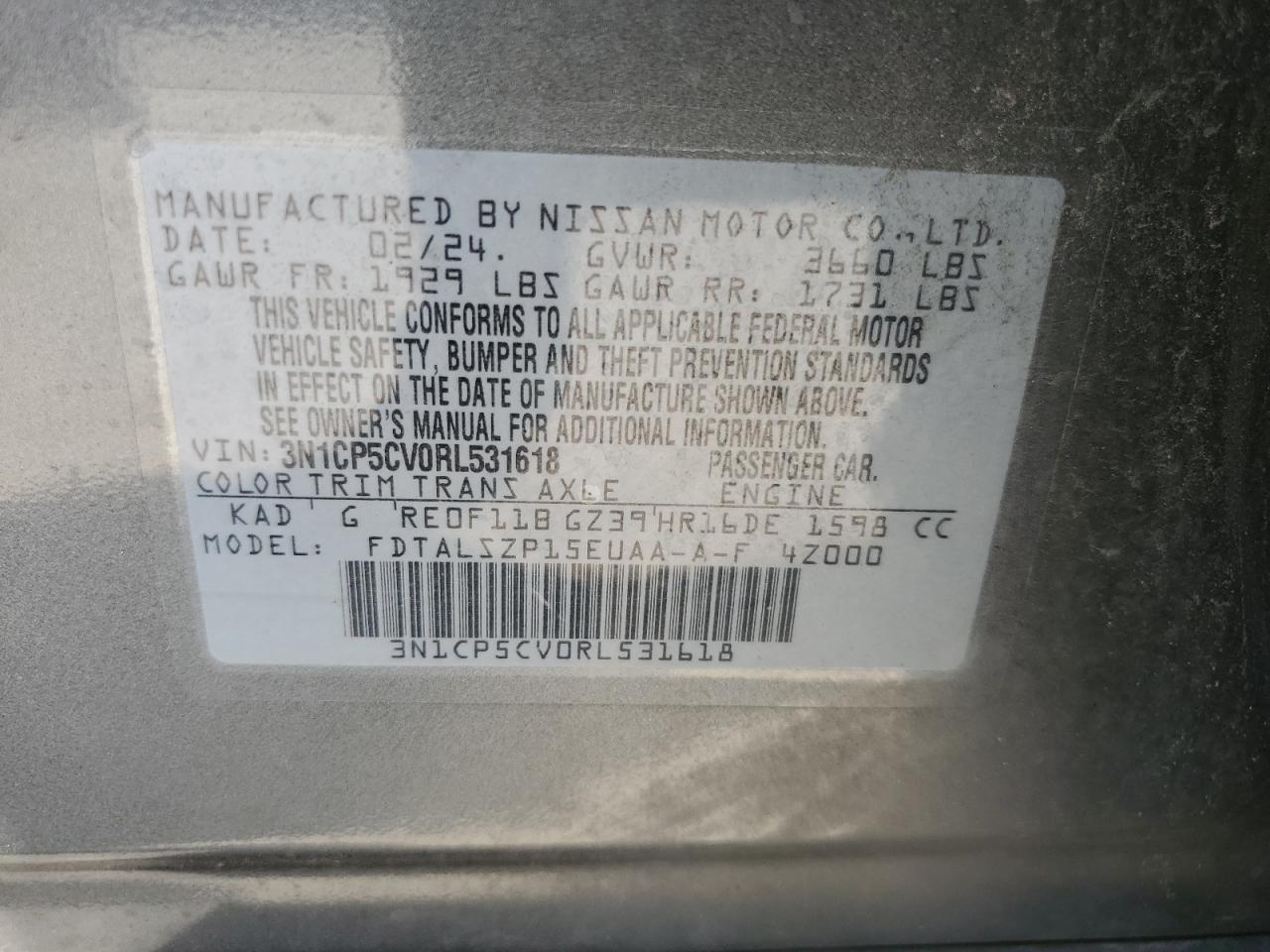 2024 Nissan Kicks Sv VIN: 3N1CP5CV0RL531618 Lot: 80642425