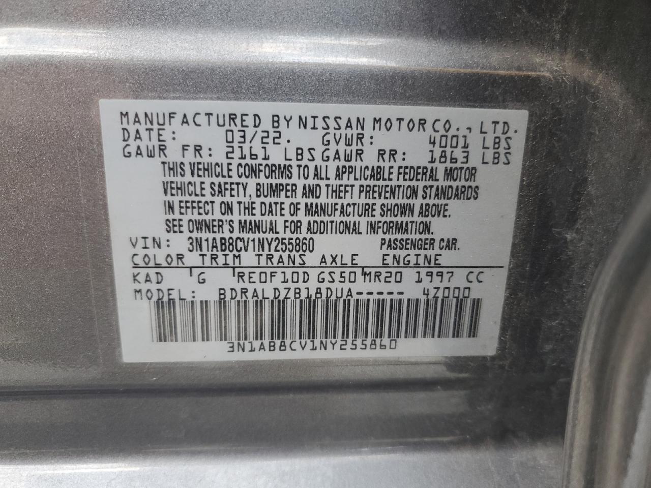 2022 Nissan Sentra Sv VIN: 3N1AB8CV1NY255860 Lot: 80865075