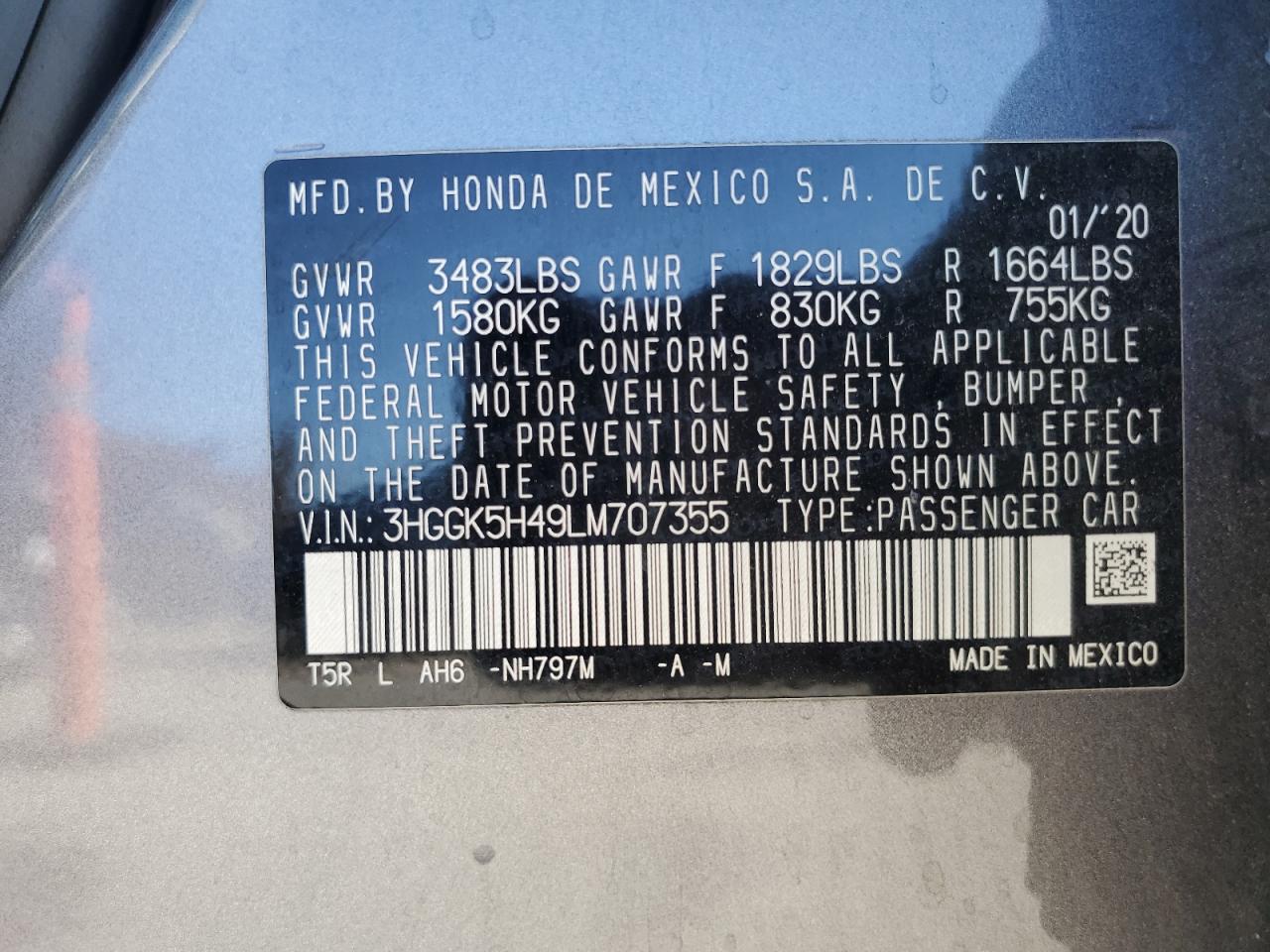 2020 Honda Fit Lx VIN: 3HGGK5H49LM707355 Lot: 83991995