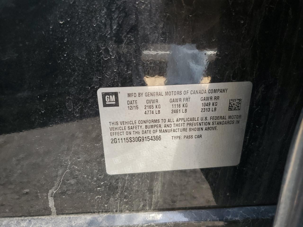 2016 Chevrolet Impala Lt VIN: 2G1115S30G9154366 Lot: 80916055