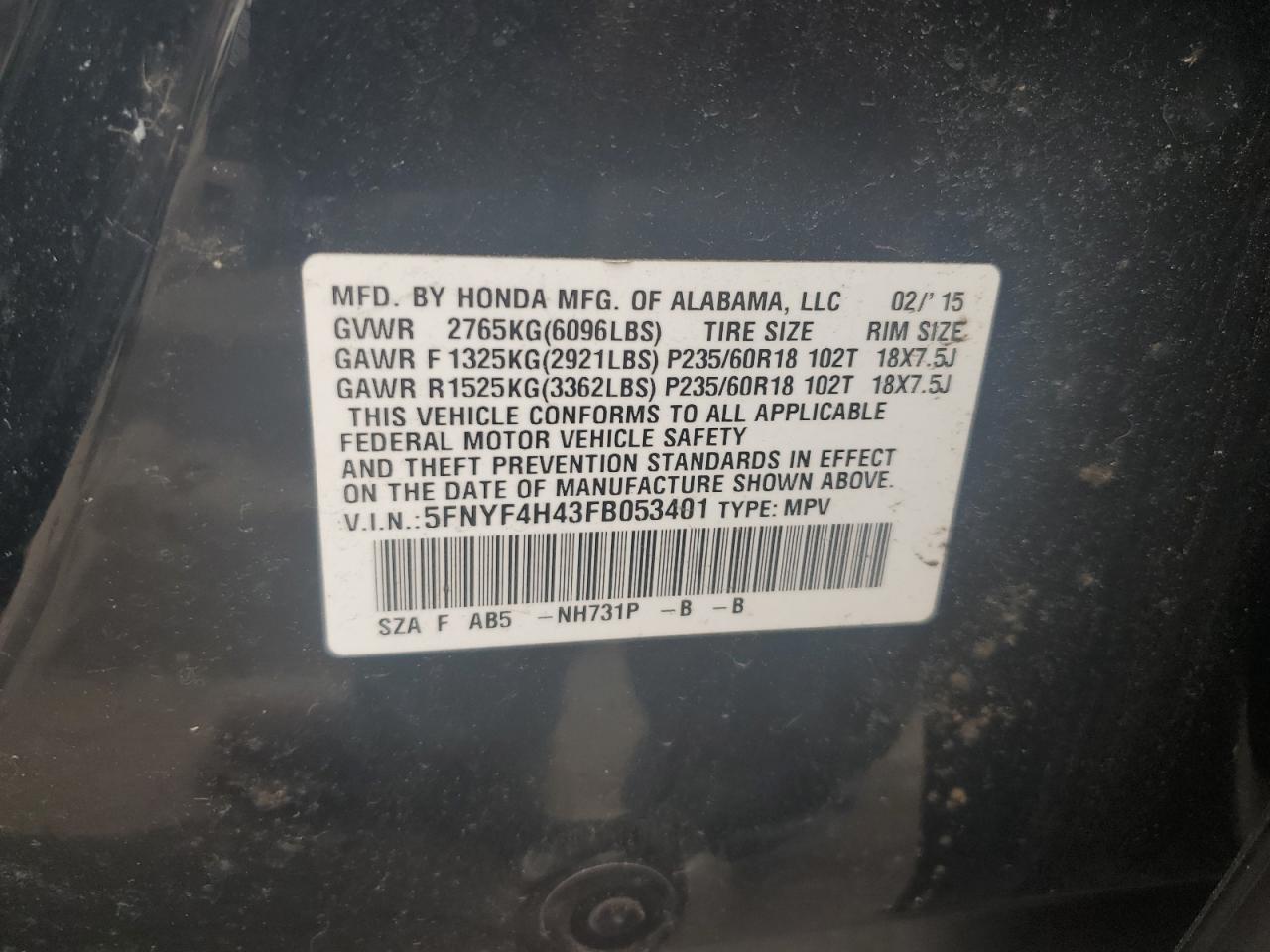 2015 Honda Pilot Ex VIN: 5FNYF4H43FB053401 Lot: 80539425