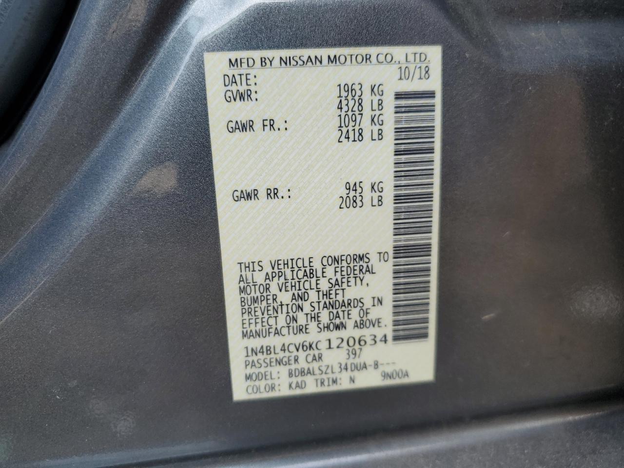 2019 Nissan Altima Sr VIN: 1N4BL4CV6KC120634 Lot: 81208925
