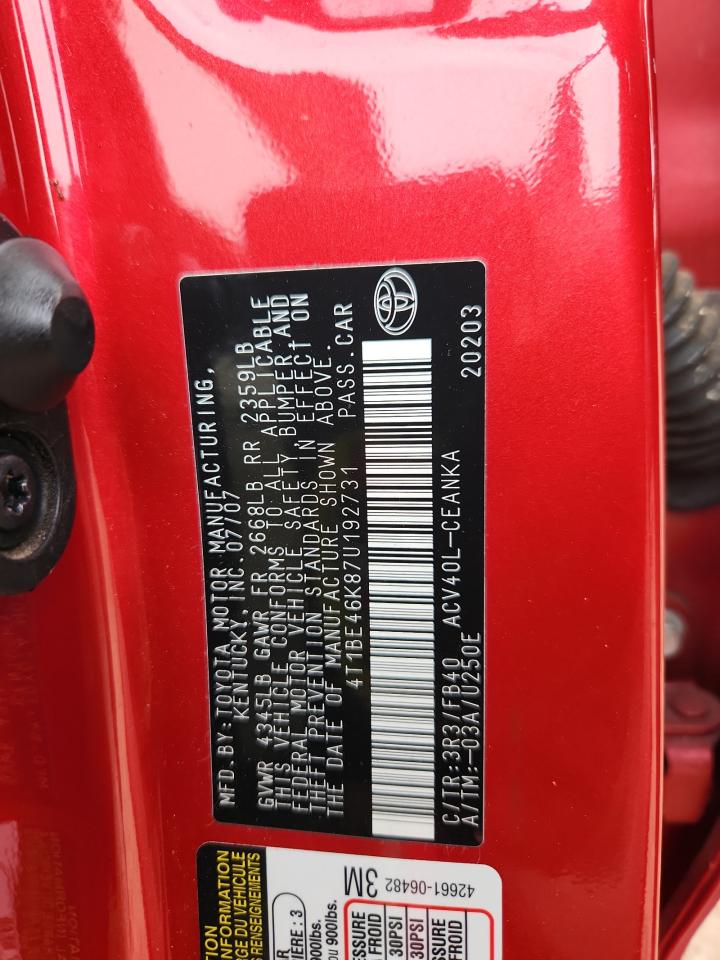 2007 Toyota Camry Ce VIN: 4T1BE46K87U192731 Lot: 82074465