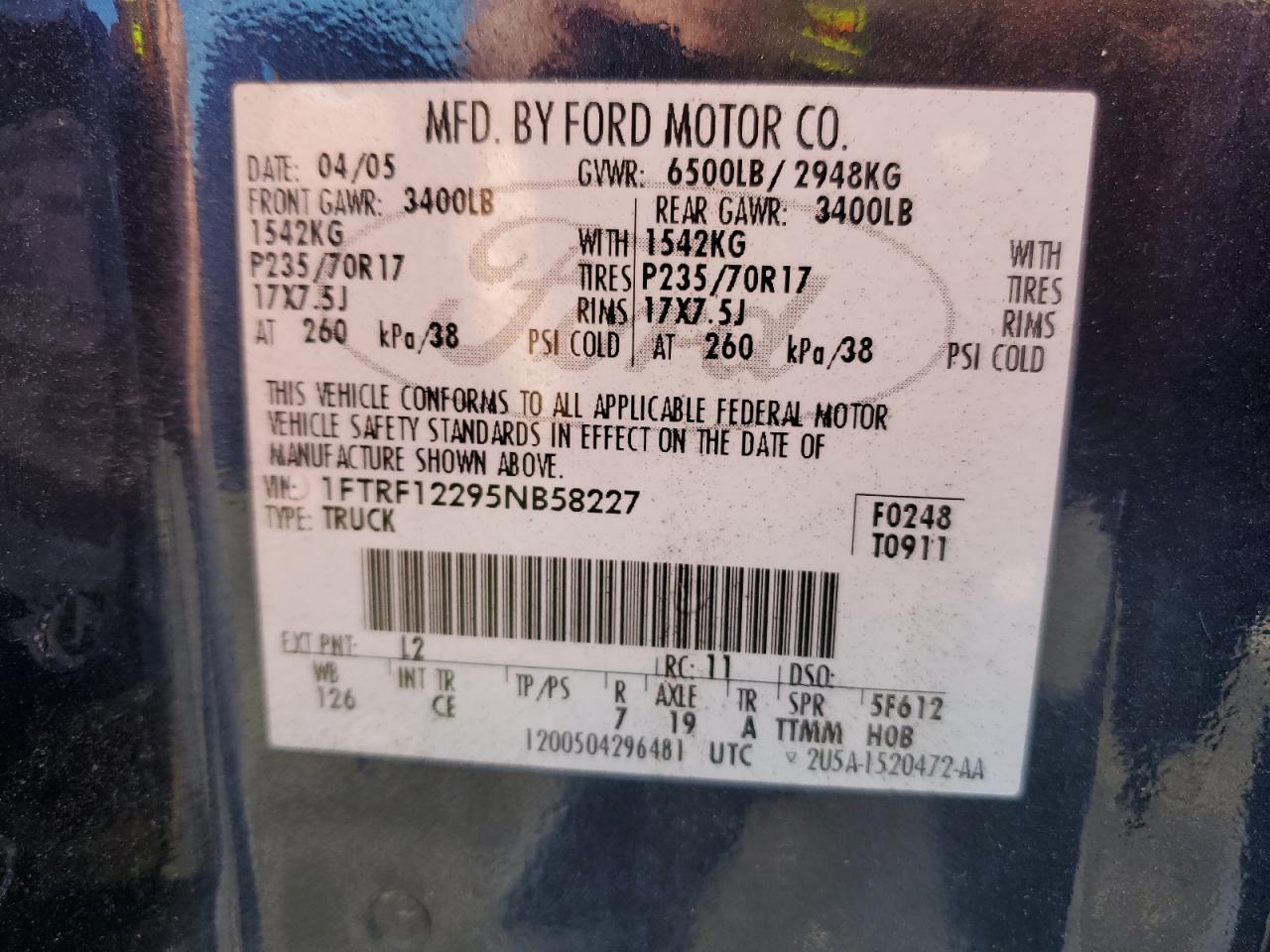 2005 Ford F150 VIN: 1FTRF12295NB58227 Lot: 71085155