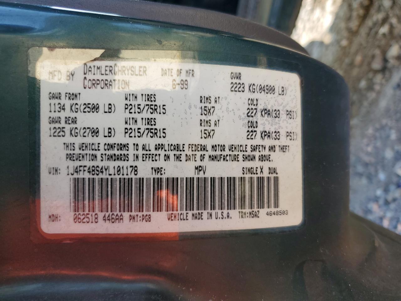 2000 Jeep Cherokee Sport VIN: 1J4FF48S4YL101178 Lot: 71445005