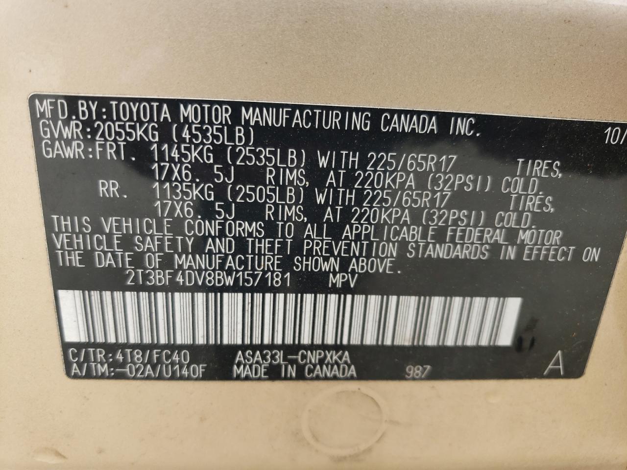 2011 Toyota Rav4 VIN: 2T3BF4DV8BW157181 Lot: 82039295