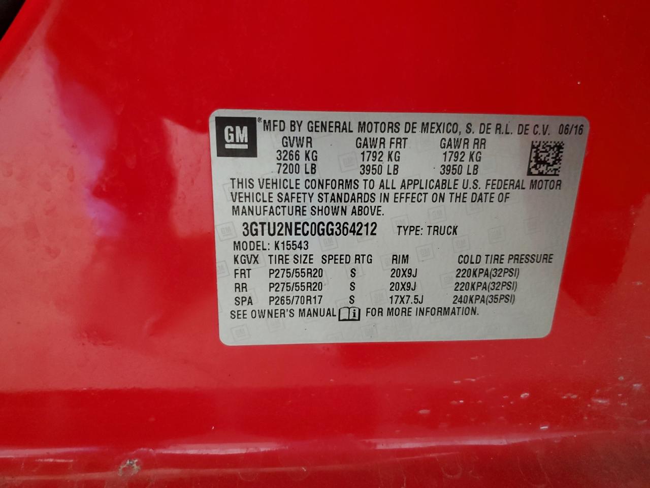 2016 GMC Sierra K1500 Slt VIN: 3GTU2NEC0GG364212 Lot: 80507405