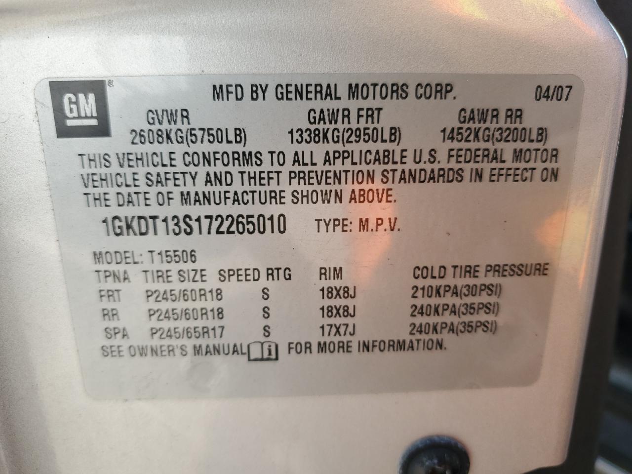 2007 GMC Envoy VIN: 1GKDT13S172265010 Lot: 71811935