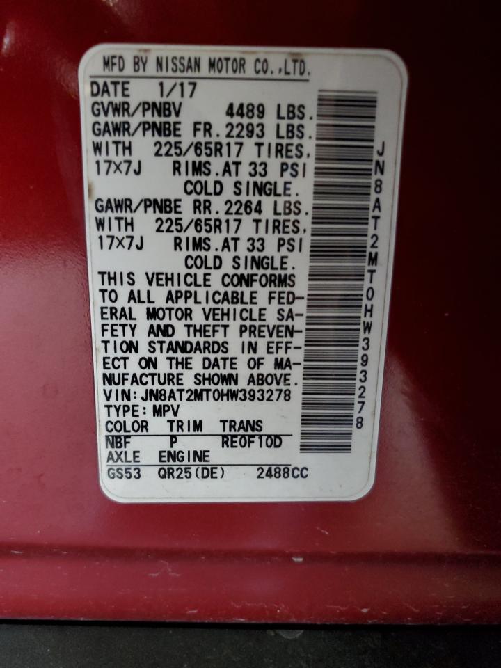 2017 Nissan Rogue S VIN: JN8AT2MT0HW393278 Lot: 81790915