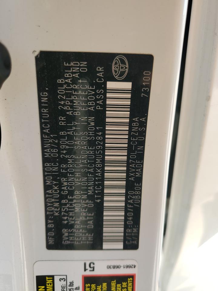 2021 Toyota Camry Le VIN: 4T1C11AK8MU592841 Lot: 80347815