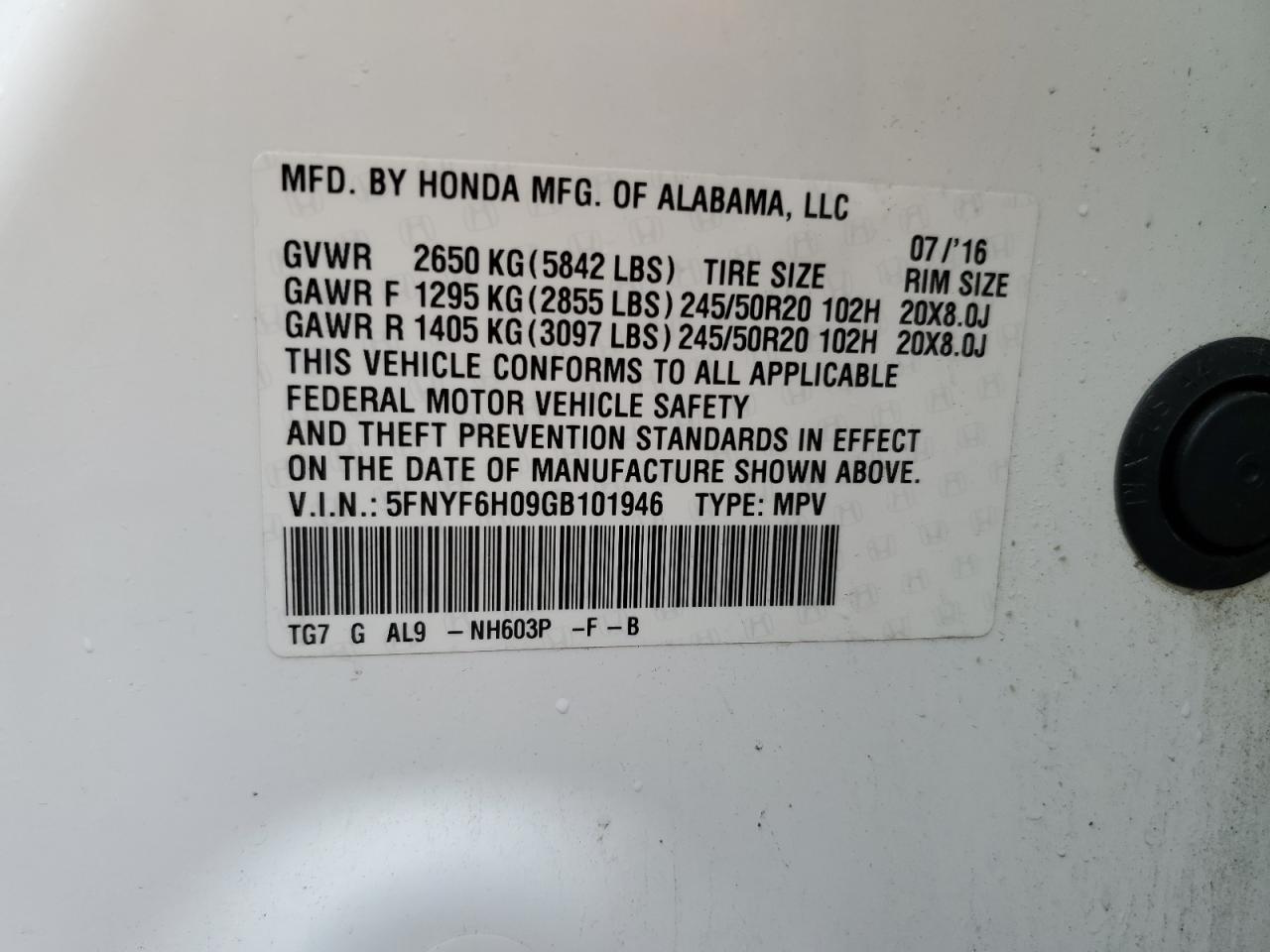 2016 Honda Pilot Elite VIN: 5FNYF6H09GB101946 Lot: 81209865