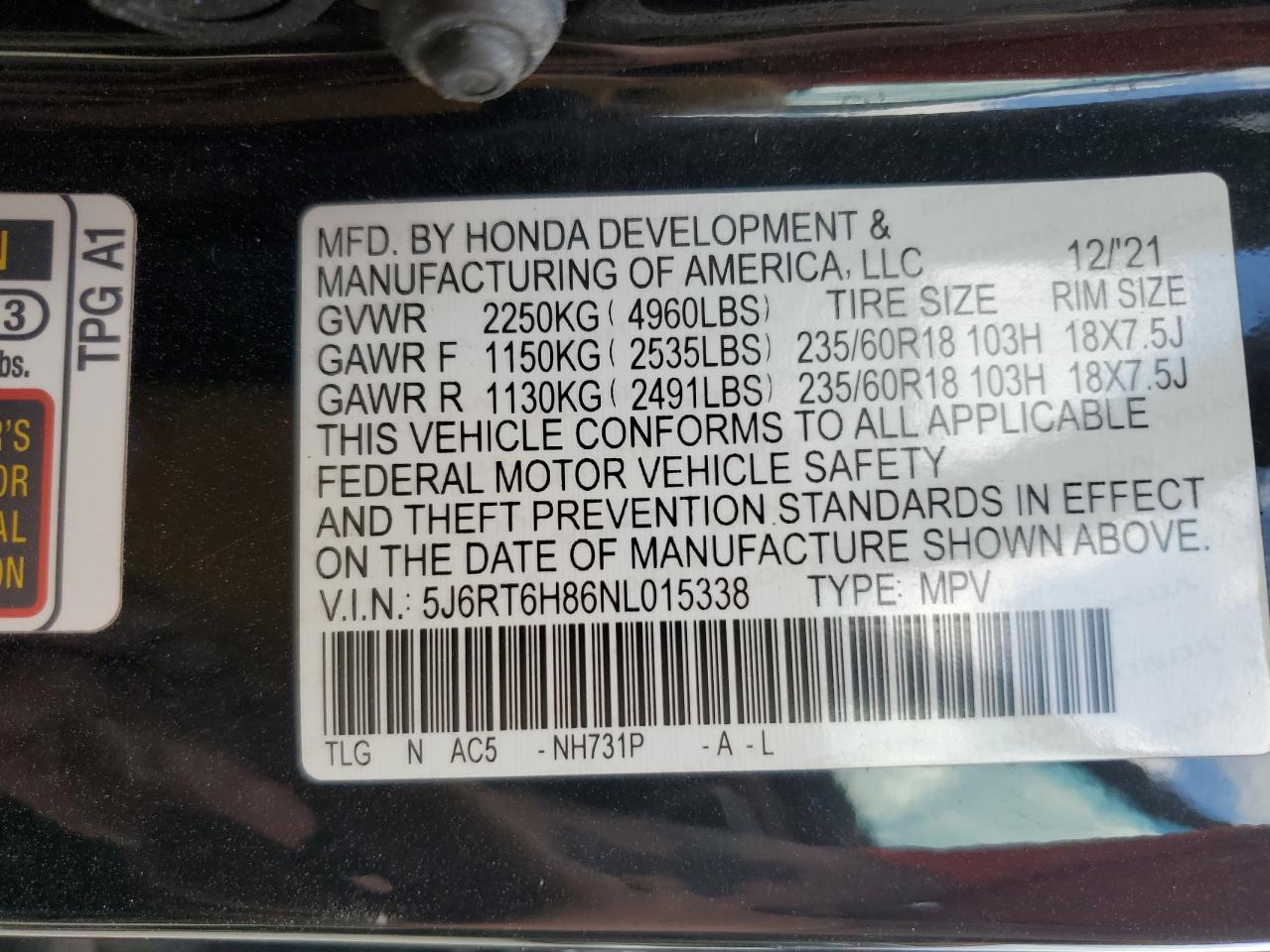 2022 Honda Cr-V Exl VIN: 5J6RT6H86NL015338 Lot: 83775625