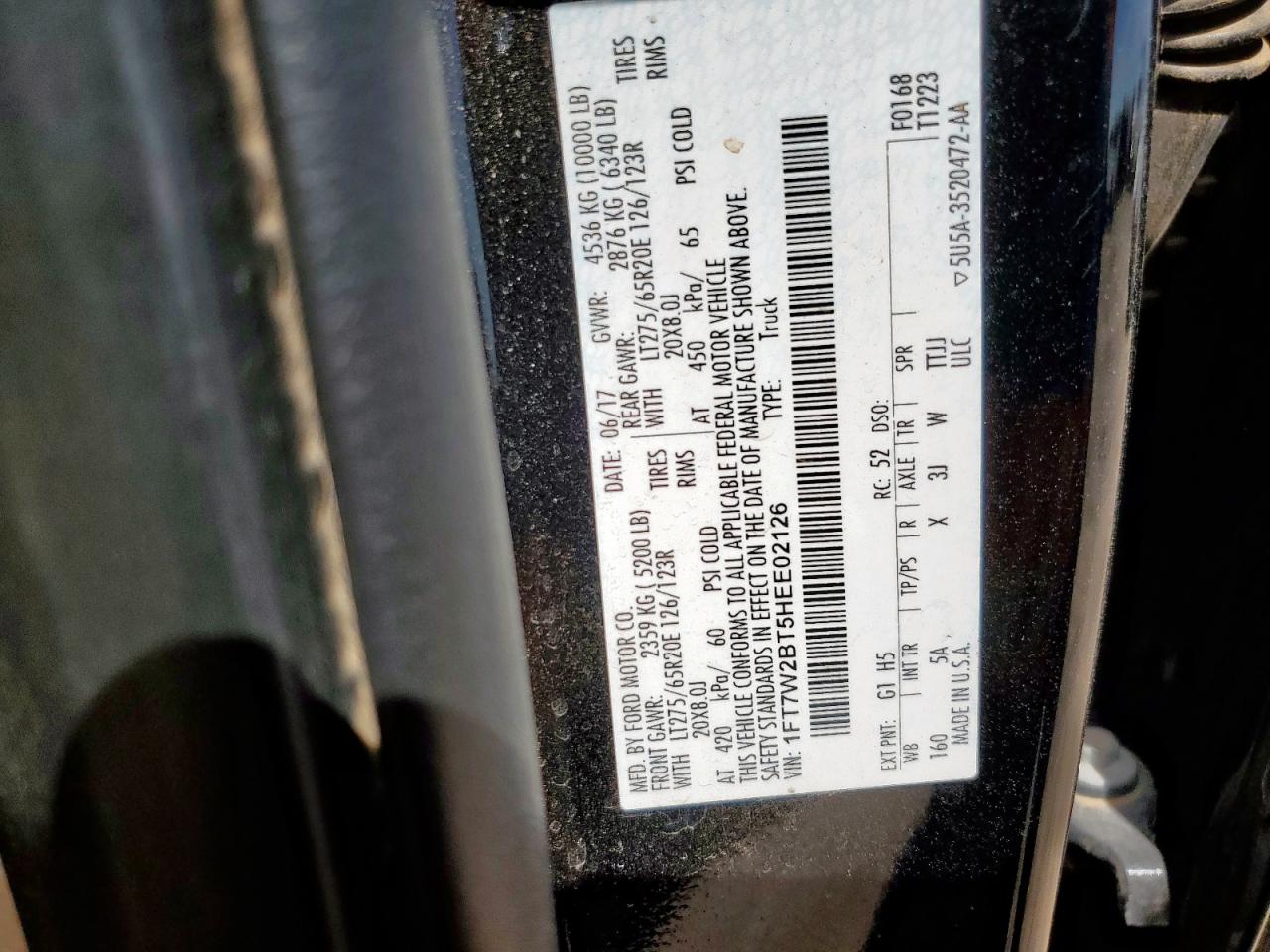 2017 Ford F250 Super Duty VIN: 1FT7W2BT5HEE02126 Lot: 81499115