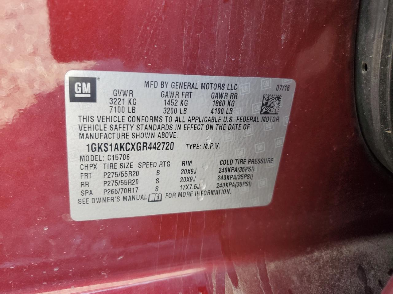 2016 GMC Yukon Sle VIN: 1GKS1AKCXGR442720 Lot: 71170025