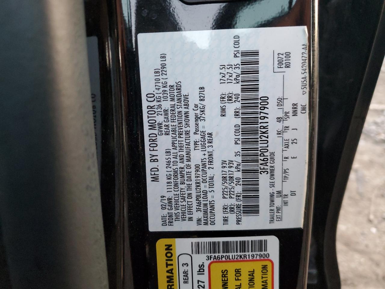 2019 Ford Fusion Se VIN: 3FA6P0LU2KR197900 Lot: 84212755