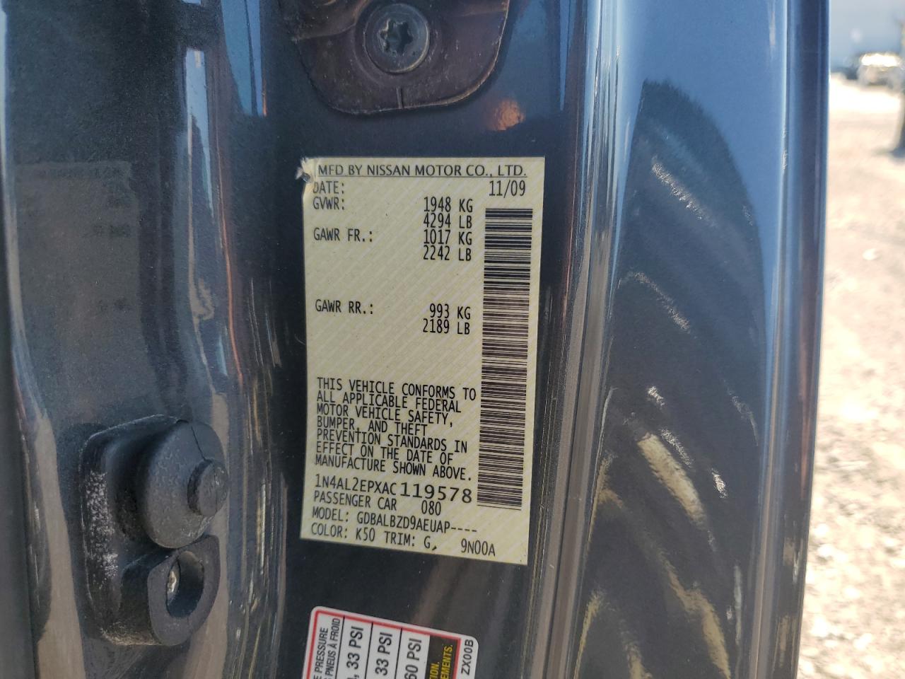 2010 Nissan Altima S VIN: 1N4AL2EPXAC119578 Lot: 81329185