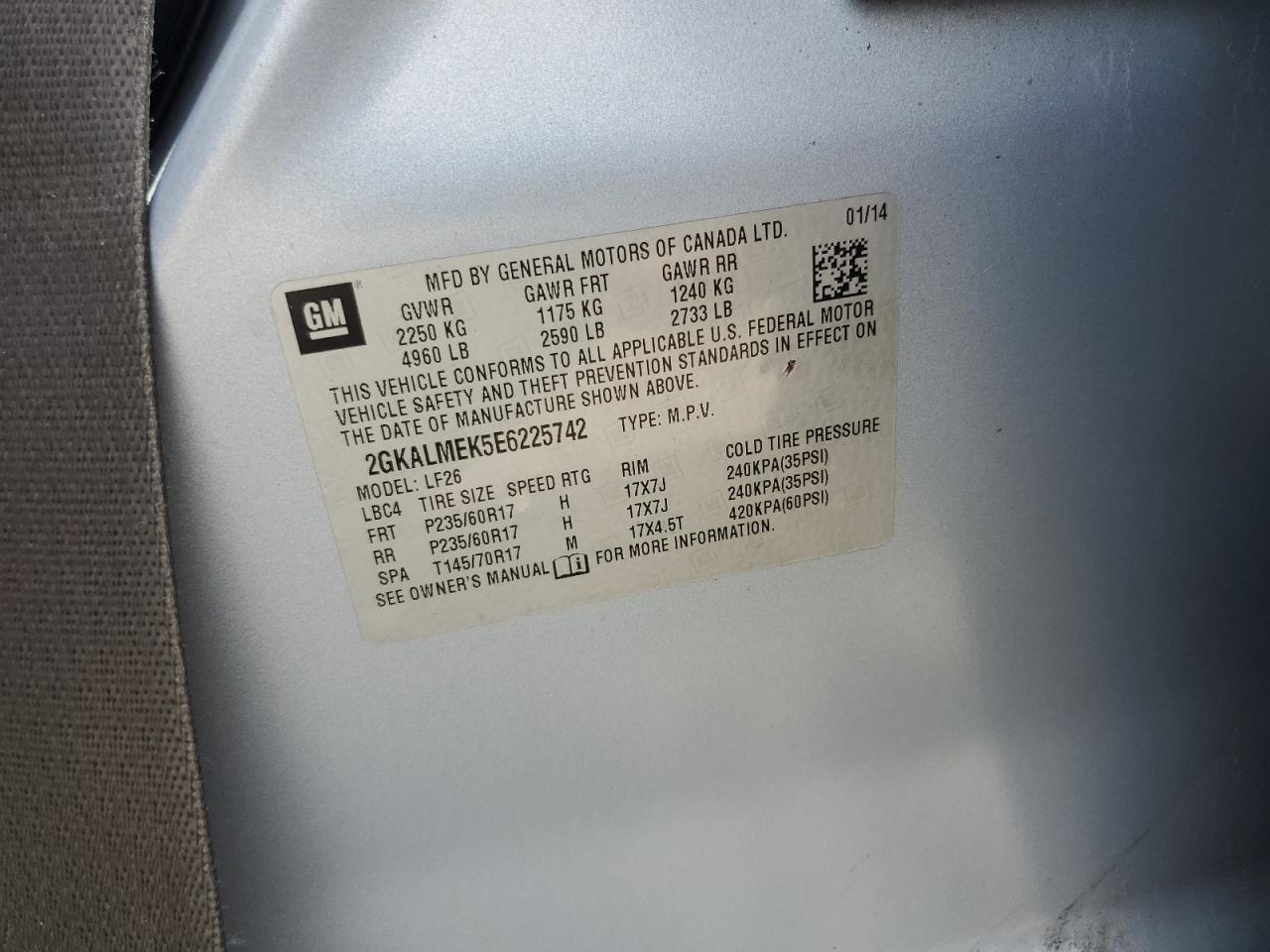 2014 GMC Terrain Sle VIN: 2GKALMEK5E6225742 Lot: 71246725