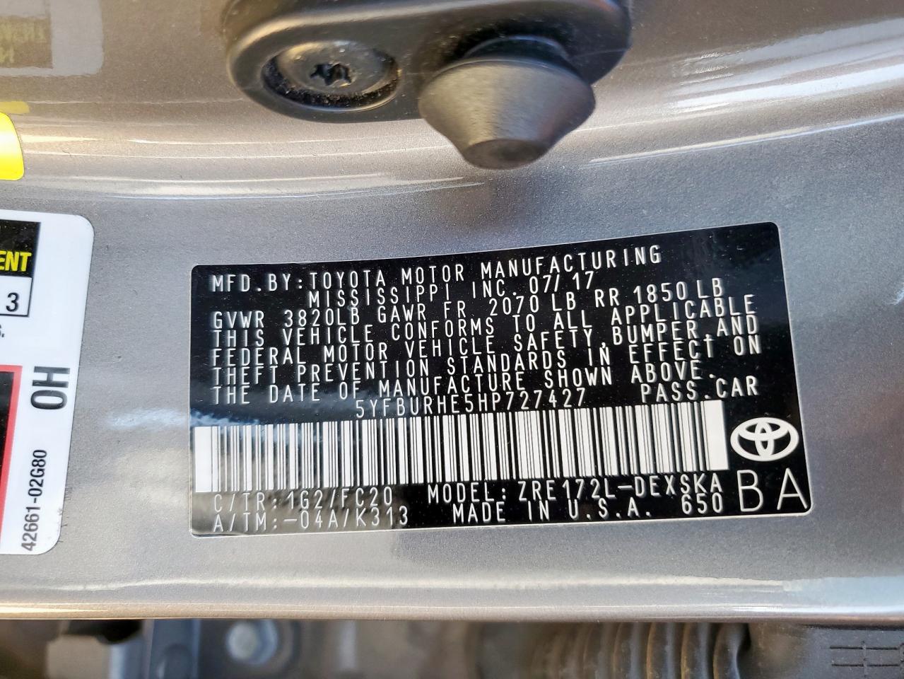 2017 Toyota Corolla L VIN: 5YFBURHE5HP727427 Lot: 84594545