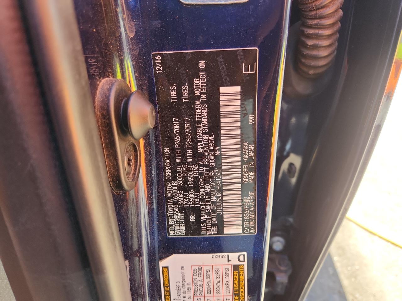 2017 Toyota 4Runner Sr5/Sr5 Premium VIN: JTEBU5JR1H5412431 Lot: 83820495