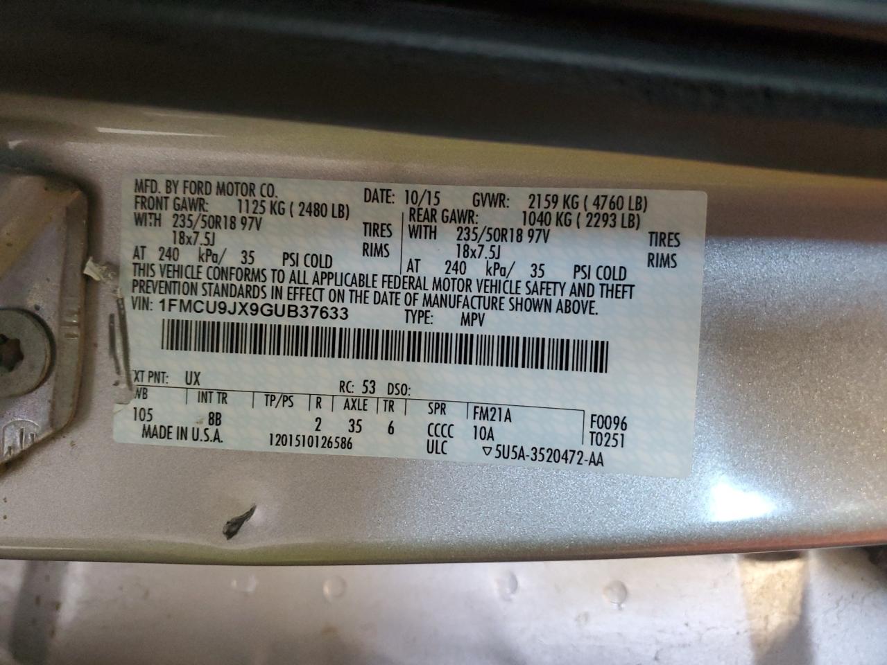 2016 Ford Escape Titanium VIN: 1FMCU9JX9GUB37633 Lot: 83824575